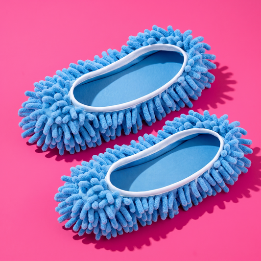 Par de zapatillas mopa de microfibra azul, sobre fondo rosa