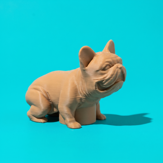 Figura de bulldog francés color canela para el tubo de pasta de dientes, sobre fondo cian